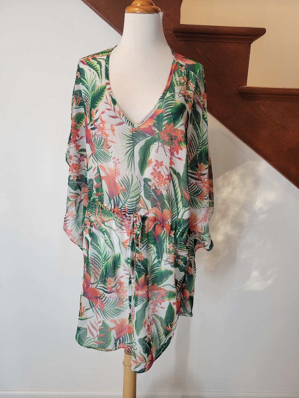 West loop Floral Tropical Sheer Swim Cover-Up Tunic - Green & Coral New One Size